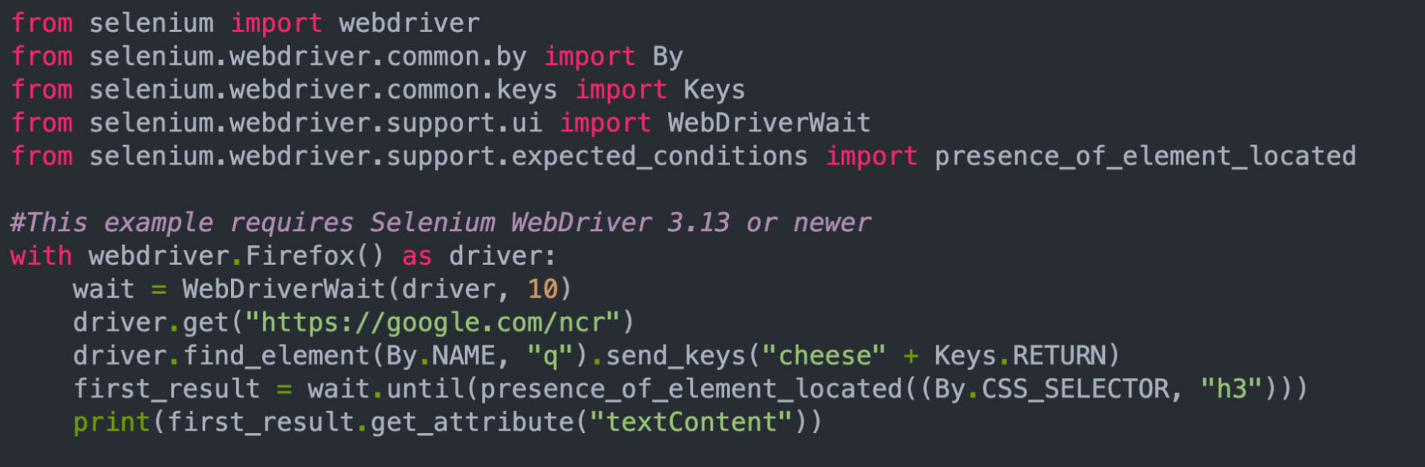 Code from a Selenium test