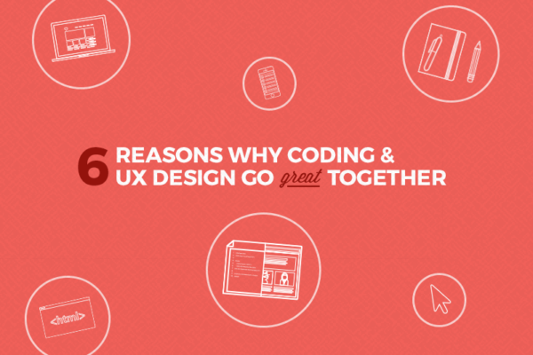 red graphic with title "6 reasons why coding & UX design go great together"