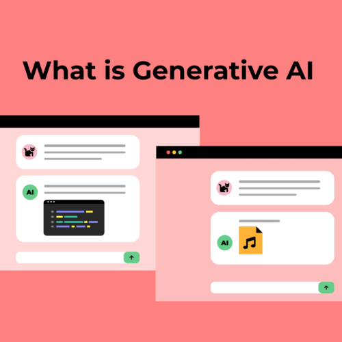 Stylized images of two browsers with sample UIs and the text 'What is Generative AI' atop