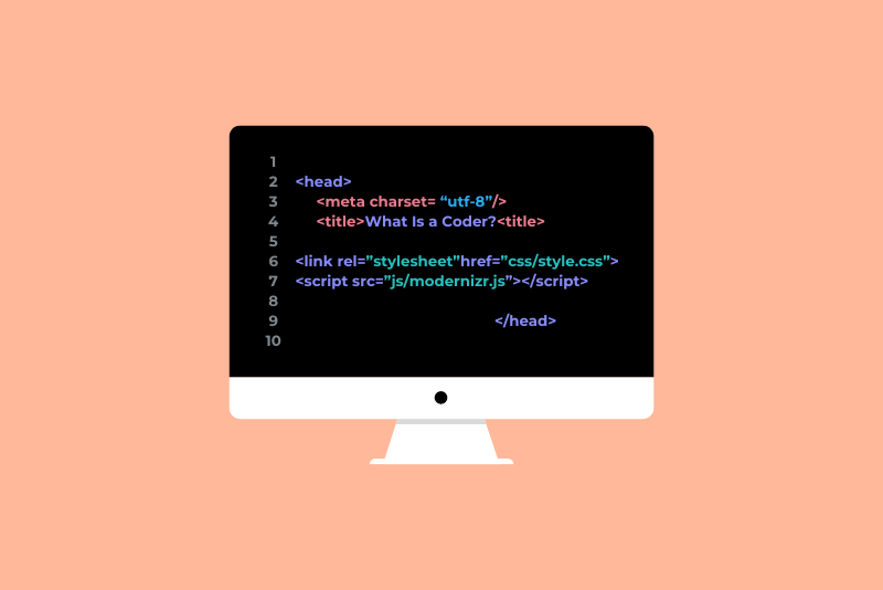 A desktop monitor with lines of code on the screen, with one line reading "What is a coder"